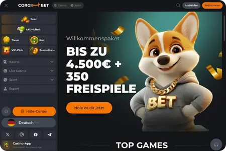 CorgiBet Menü mit Spielkategorien und Aktionen